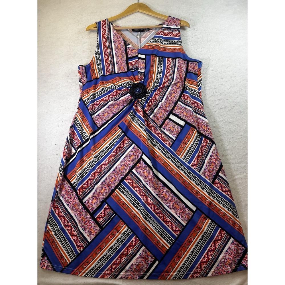 Nina Leonard Sleeveless Dress Size XL Geometric Print Central Beaded Jewel Boho